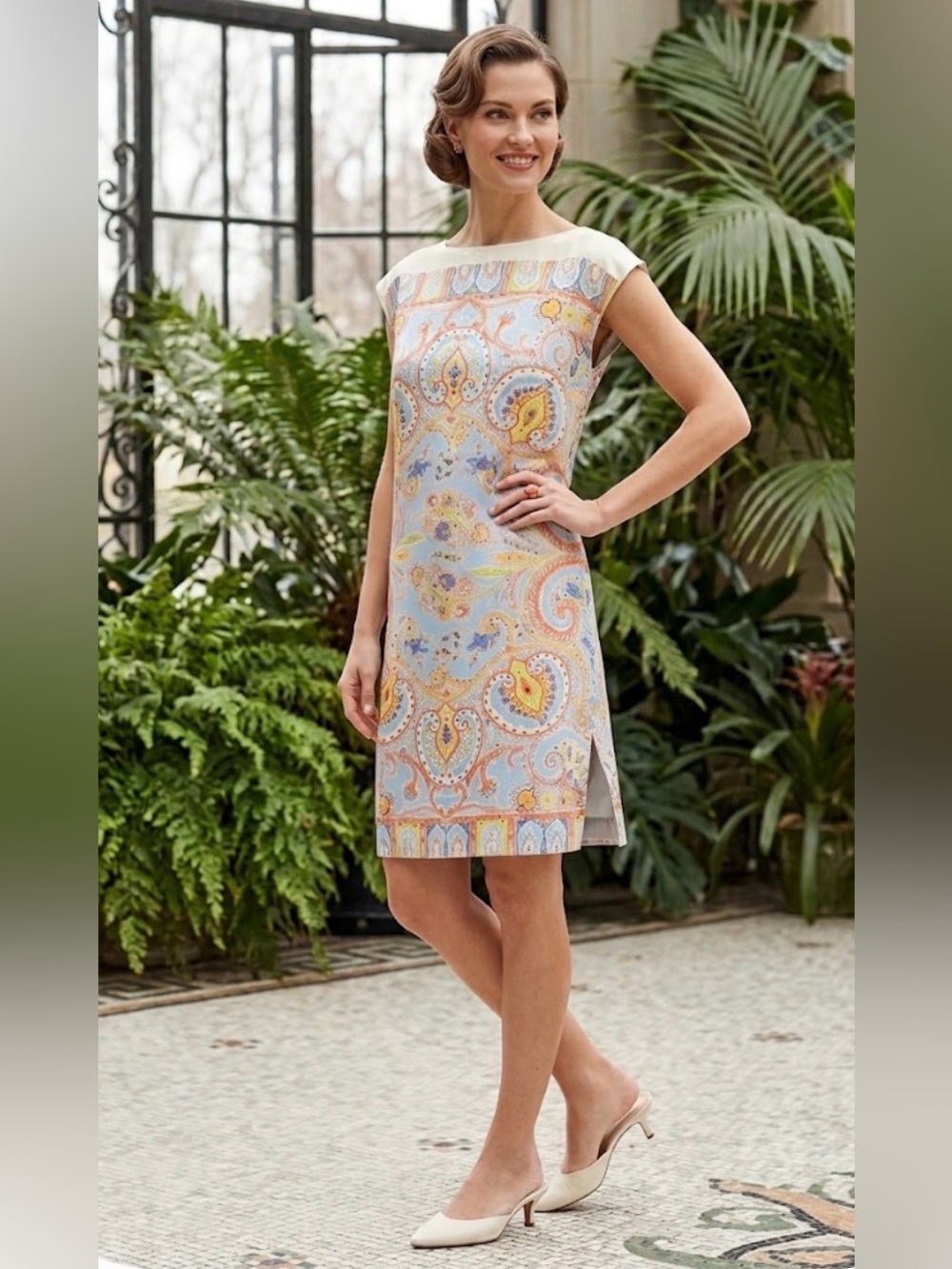 J. McLaughlin Vintage Silk Pastel Paisley Sheath Dress with Cream Trim - Sz XS